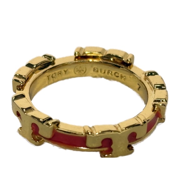 Tory Burch Jewelry - NWT Tory Burch Serif-T Enamel Stackable Ring - Coral & Gold Tone - Size 7